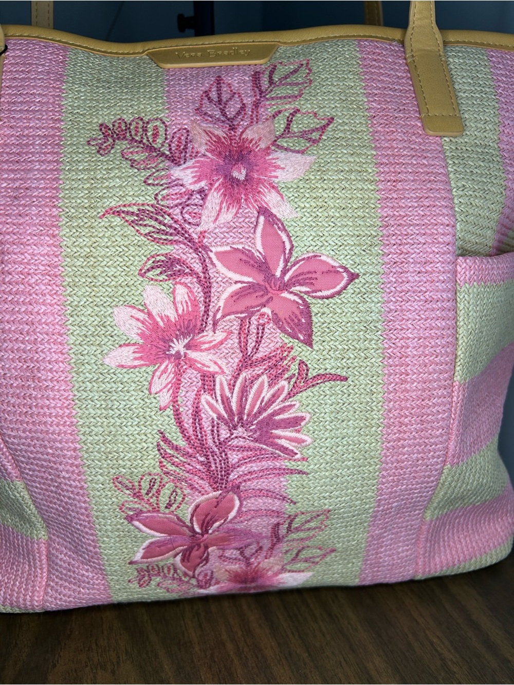 Vera Bradley NWT Candy Pink Stripe Straw Beach Tote Floral Woven Large Zip Bag - Picture 5 of 12